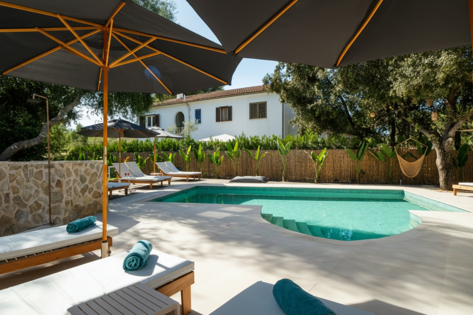 Poolbereich mit Sonnenschirmen